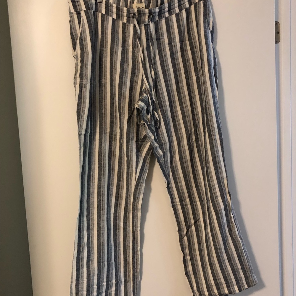 Per Se Navy and White Striped Linen blend Pants